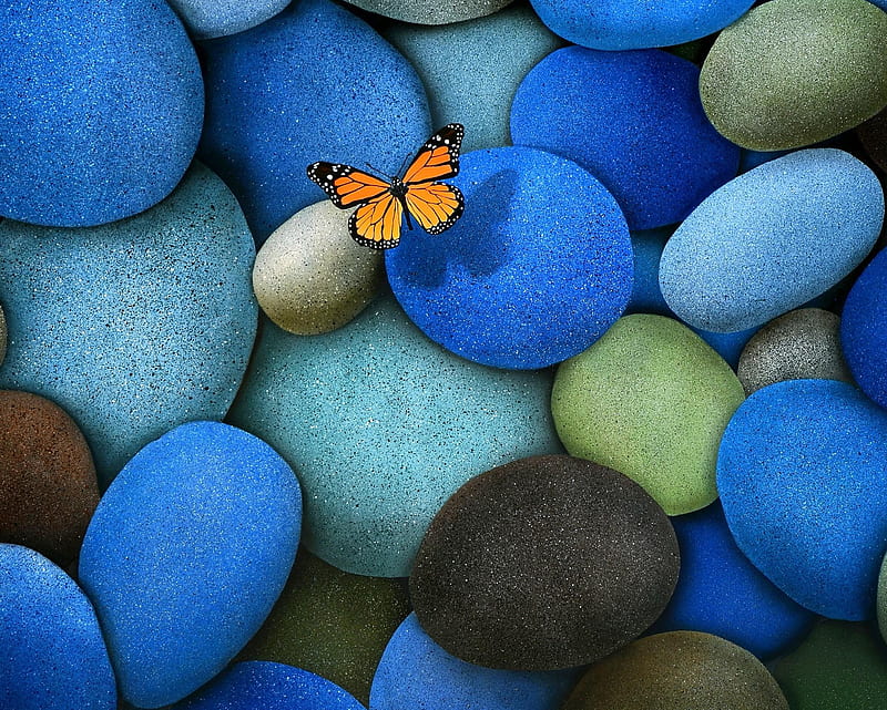 Butterfly And Stones, art, butterfly, pebbles, stone, HD wallpaper