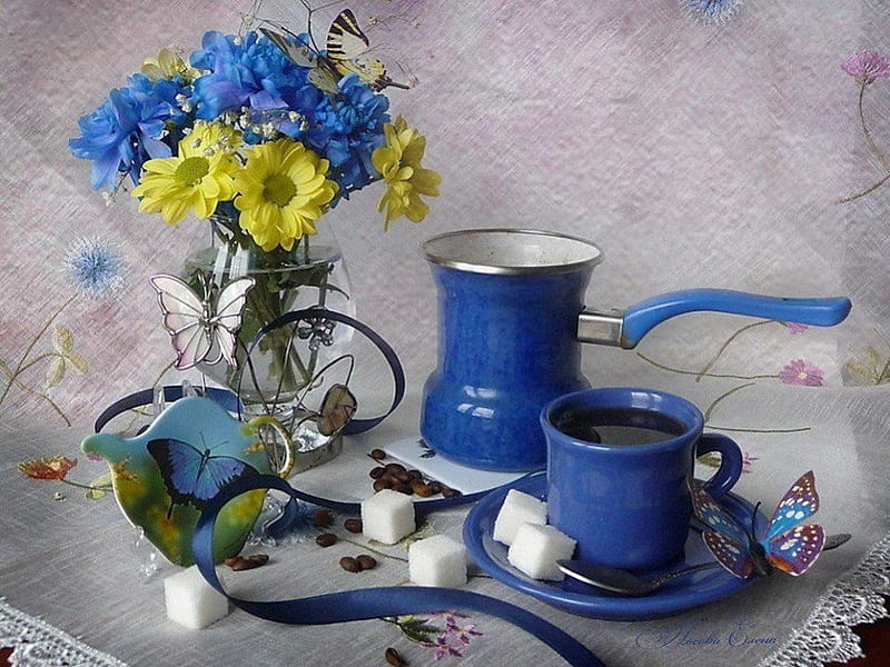 Daisies, Butterflies and Coffee in Blue, coffee, butterfly, saucer, sugar cube, yellow, cup, daisy, blue, HD wallpaper