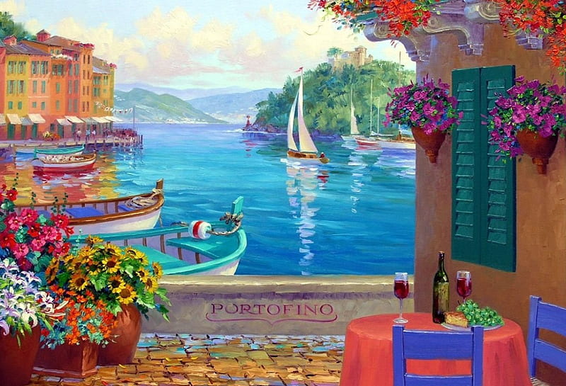 Portofino Reflections, veranda, table, house, artwork, Sea, boats, painting, flowers, landscape, HD wallpaper