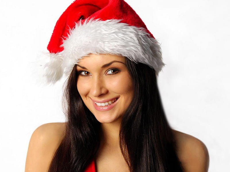 Smiling-Snow-Maiden-with-brown-hair, red, model, christmas, smile, lady, hat, HD wallpaper