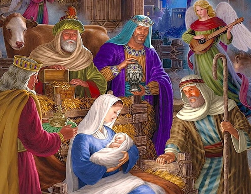 The Nativity, nativity, christmas, Jesus Christ, colors, Savior, shepards, Painting, Blessed Mary, Birth, HD wallpaper