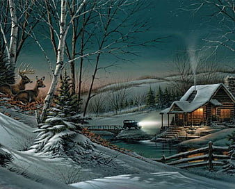 Winter Impressions, fence, cottage, trees, artwork, deer, snow