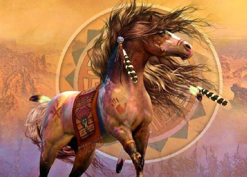 Native War Horse, fantasy, decorated, mane, brown, bonito, horse, native american, feathers, HD wallpaper