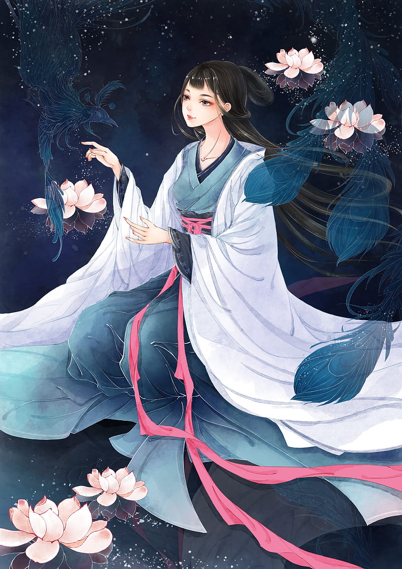 Chinese dress, kimono, water lilies, Asian, black hair, long hair, hanfu, HD phone wallpaper