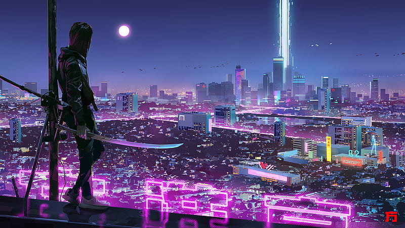 Sci Fi, Cyberpunk, City, Cityscape, Futuristic, Girl, Sword, Woman Warrior, HD wallpaper