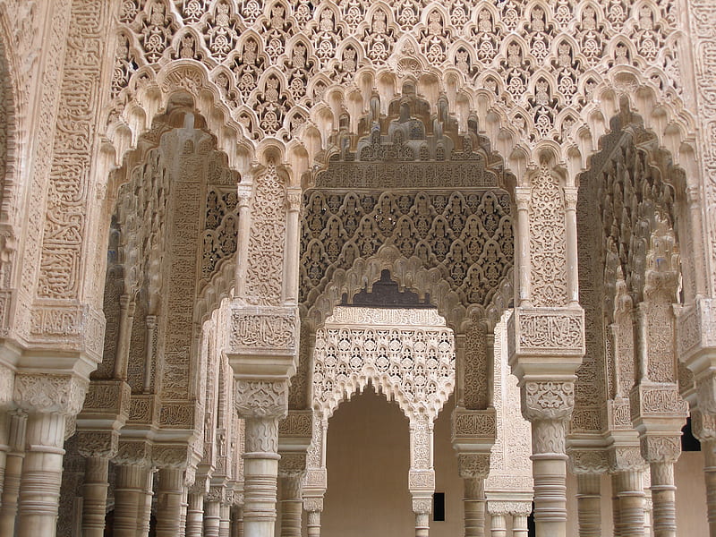 Alhambra, Spain, pillars, arches, alhambra, decorations, spain, HD wallpaper