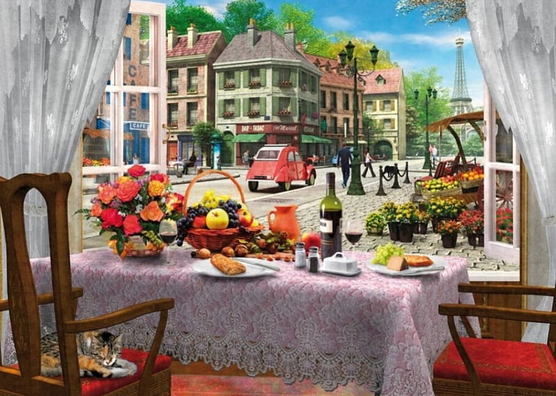 Cafe de Paris, table, window, houses, wine, fruits, cat, artwork, car,  painting, HD wallpaper | Peakpx