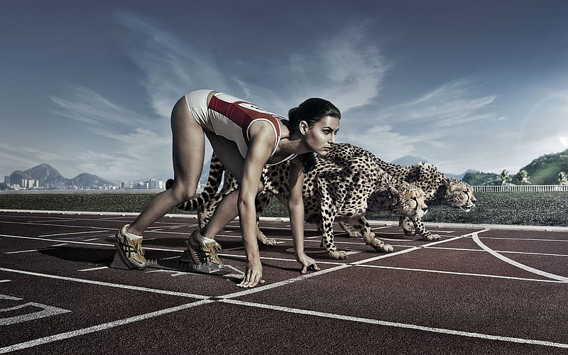 The big race, art, race, cheetah, athlete, woman, wall, fantasy, big, wild, digital, stadium, animals, HD wallpaper