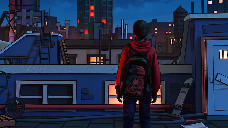 Out Of My Mind Boy With Backpack In Back , alone, artist, artwork, digital-art, HD wallpaper