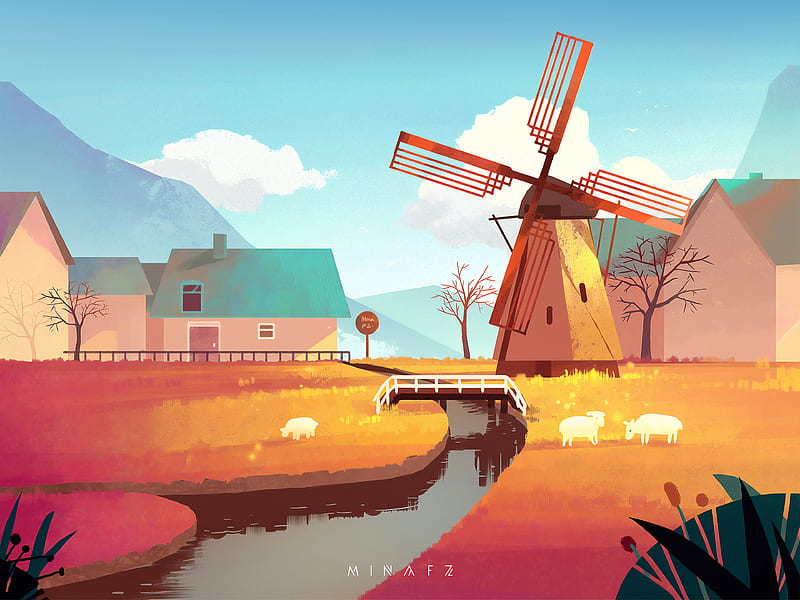 Windmill Art , windmill, artist, artwork, digital-art, HD wallpaper