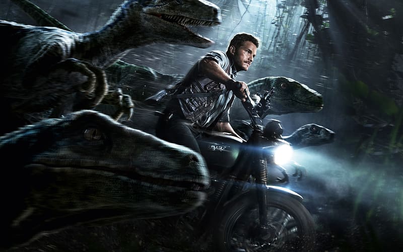 Jurassic World 2015, jurassic world, chris pratt, movie, man, poster, dinosaur, motorcycle, afis, running, actor, HD wallpaper