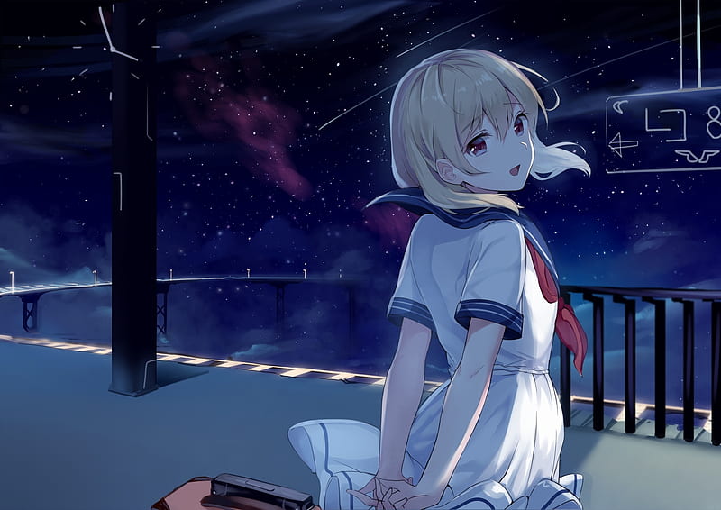 anime girl, blonde, school uniform, stars, back view, Anime, HD wallpaper