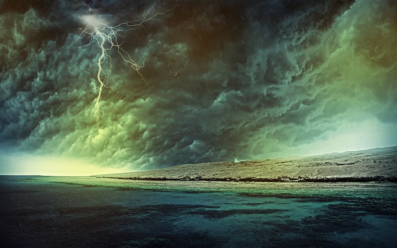 Nature, Sky, Rain, Sea, Beach, Lightning, Ocean, , Storm, Artistic, Cloud, HD wallpaper