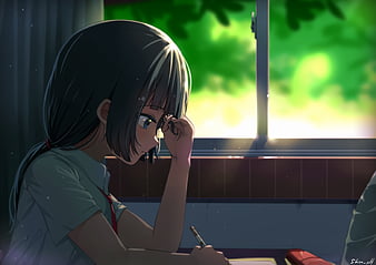 Anime classroom, sunset, windows, chair and desks, trees, Anime, HD  wallpaper