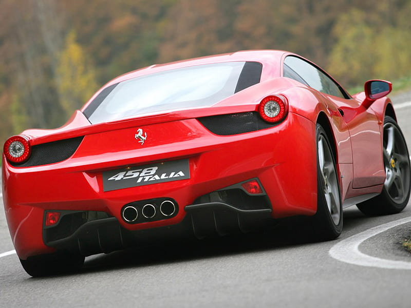 ferrari 458 italia, red, grey alloys, cornering, two seater, mid engine, road, trees, HD wallpaper