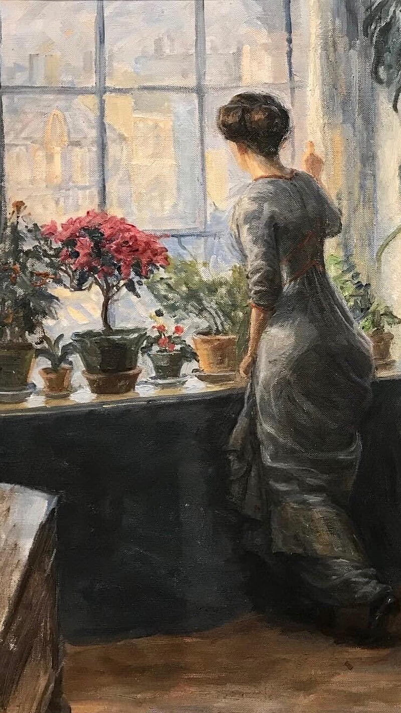 Woman At Window, flowers, vintage art, vintage art , vintage , for phone, HD phone wallpaper
