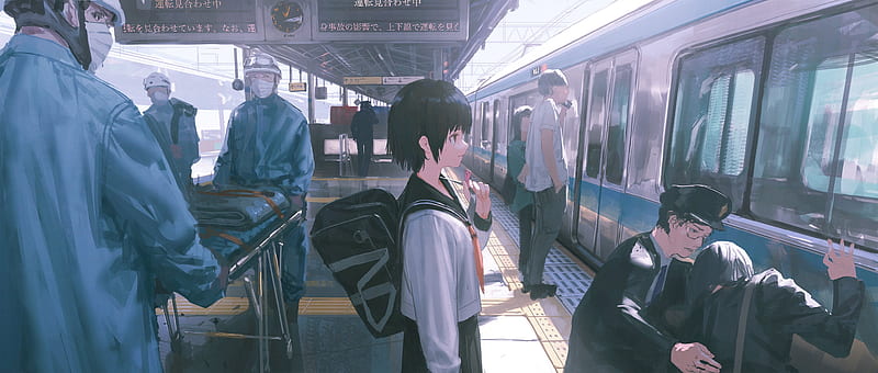 Anime, Train Station, Girl, School Uniform, Train, HD wallpaper