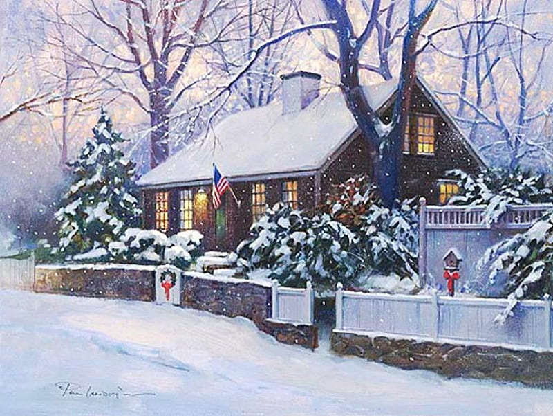 The Ol' House, fence, snow, cottage, trees, artwork, winter, HD ...