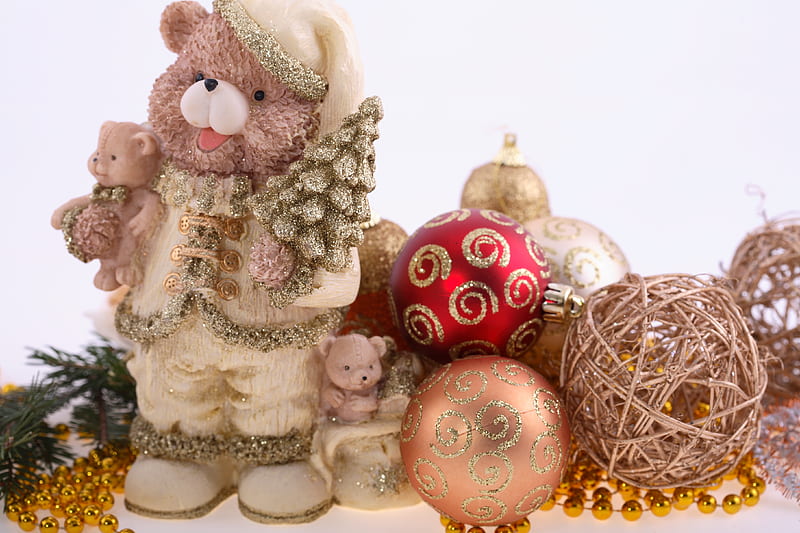 Merry Christmas, holiday, bear, bonito, happy new year, graphy, nice, cool, balls, decorations, toys, HD wallpaper
