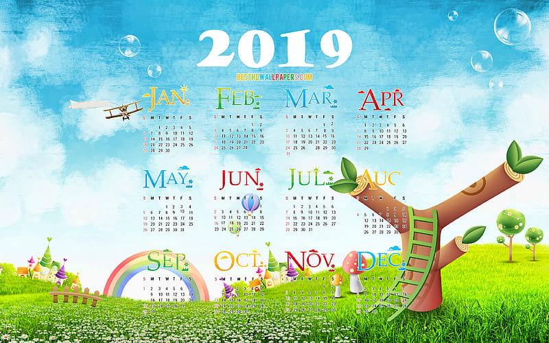 Calendar 2019, cartoon landscape, 2019 Yearly Calendar, rainbow, Year 2019 Calendar, artwork, 2019 calendars, creative, 2019 calendar, HD wallpaper
