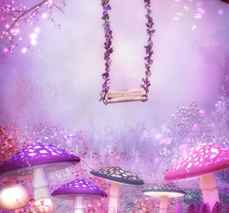 Enchanting...., art, fantasy, purple, glowing, swing, flowers, mushrooms, pink, HD wallpaper