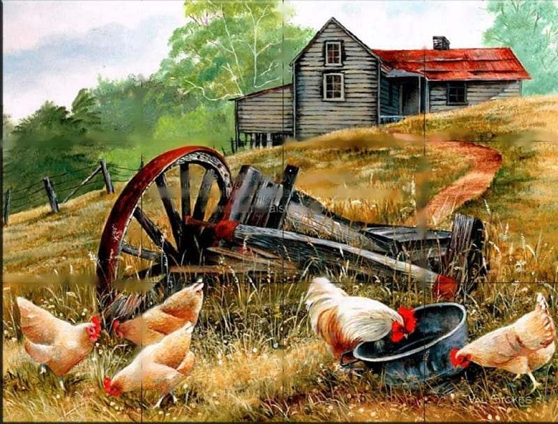 On the Farm, house, hens, painting, poultry, fields, artwork, HD wallpaper