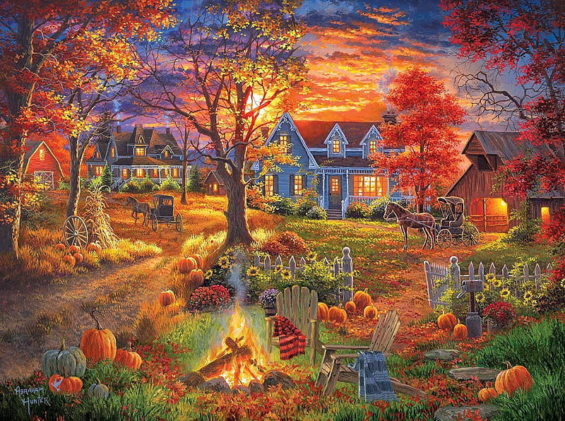 Autumn Village, farm, autumn, vibrant, bright, color, village, seasons, HD wallpaper
