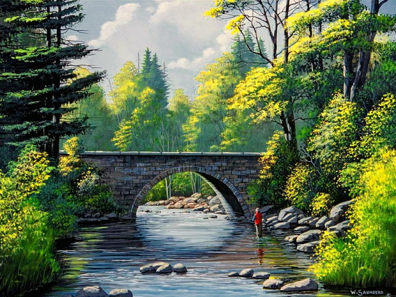 Lure of outdoors, stream, shore, bonito, clouds, outdoors, mountain, lure, bridge, painting, river, fishing, art, forest, creek, sky, trees, summer, day, HD wallpaper