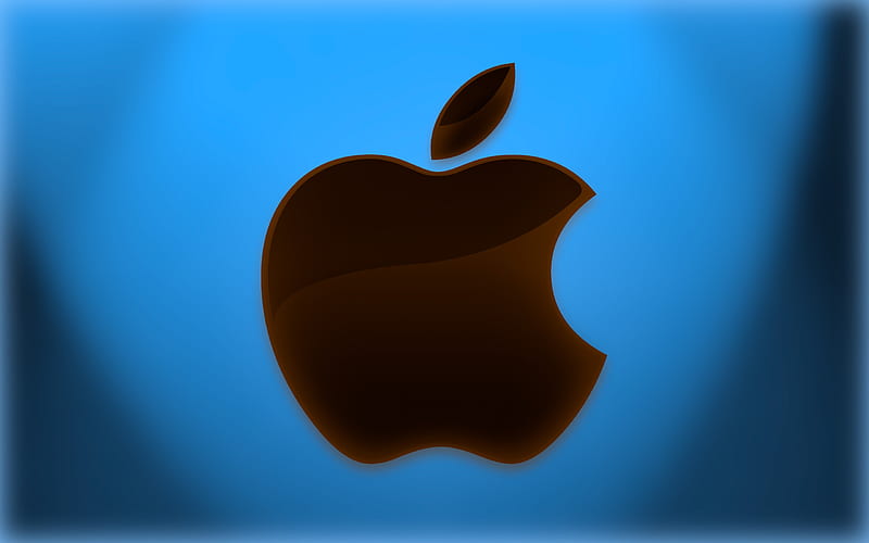 Apple logo, blue background, brown glass logo, Apple, blue Apple background, HD wallpaper