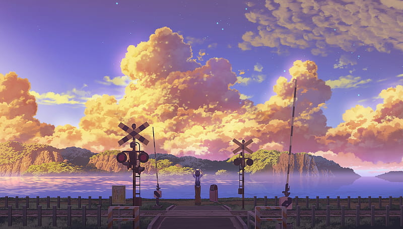 anime boy, sunset, train station, scenic, clouds, Anime, HD wallpaper