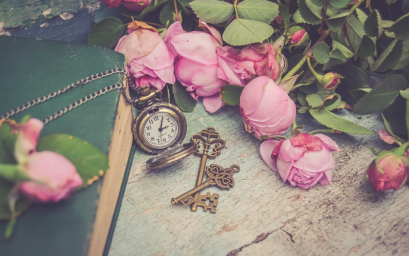 old pocket watch, pink roses, old keys, mood, vintage items, time concepts, HD wallpaper