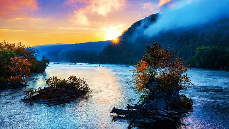 Potomac River, West Virginia, sky, usa, clouds, trees, sunset, water, landscape, colors, HD wallpaper