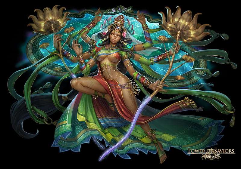 Divine pureness Parvati, tyrion daniel, tower of saviors, fantasy, girl, green, goddess, parvati, black, HD wallpaper