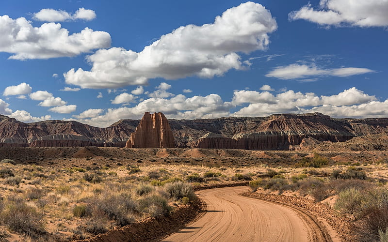 Road in Desert, rocks, desert, clouds, road, HD wallpaper