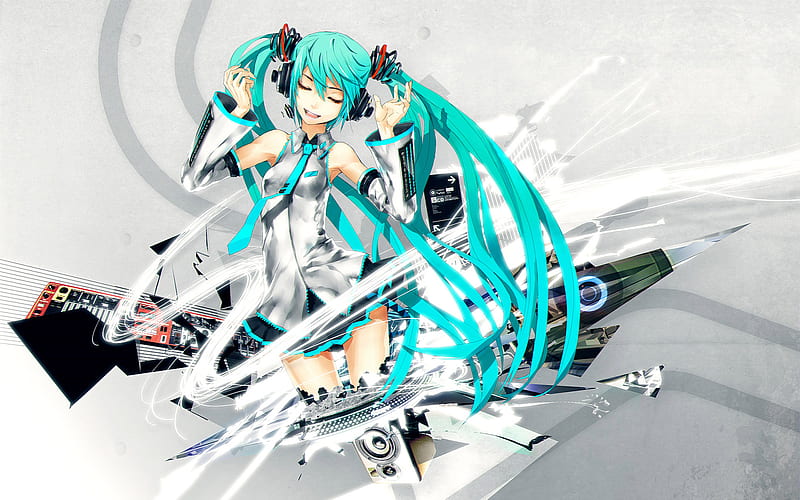 Hatsune Miku, pretty, cg, nice, anime, aqua, beauty, anime girl, vocaloids, art, twintail, skirt, black, miku, singer, sexy, aqua eyes, cute, headset, hatsune, cool, digital, awesome, white, idol, long socks, artistic, gray, headphones, tie, bonito, thighhighs, program, hot, blue, vocaloid, outfit, music, diva, microphone, leggings, song, girl, stockings, uniform, virtual, aqua hair, HD wallpaper