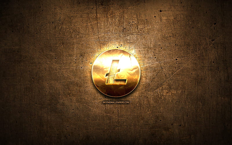Litecoin golden logo, cryptocurrency, brown metal background, creative, Litecoin logo, cryptocurrency signs, Litecoin, HD wallpaper