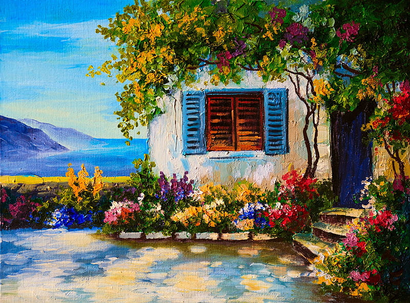 Artistic, Painting, Colorful, Flower, Garden, House, Shutters, HD wallpaper