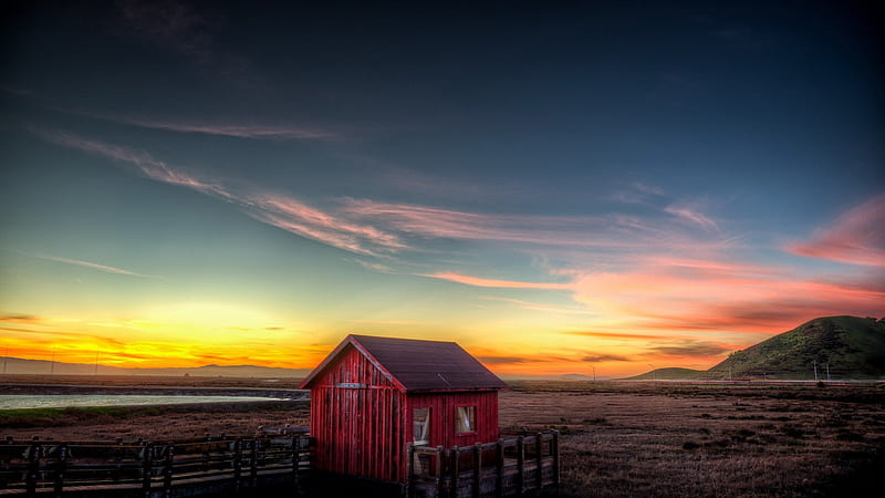 red cabin in wetlands at sunset, red, pier, wetlands, sunset, cabin, HD wallpaper