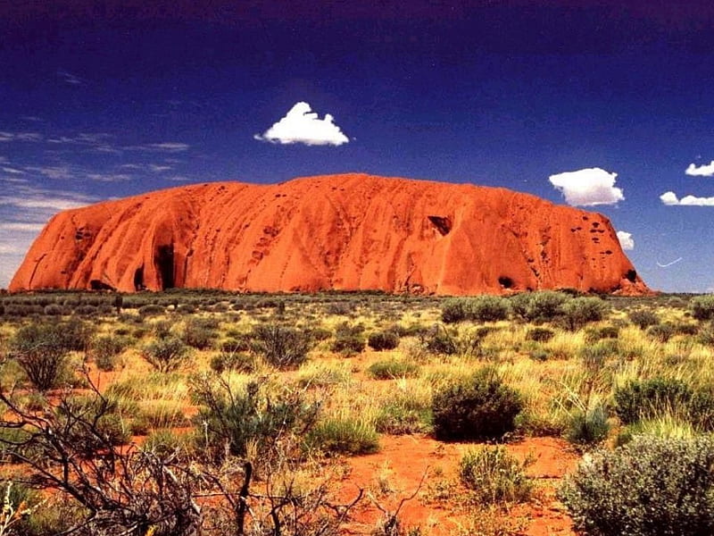 Ayres Monolith, australia, ayres rock, red desert, shrubbery, HD wallpaper