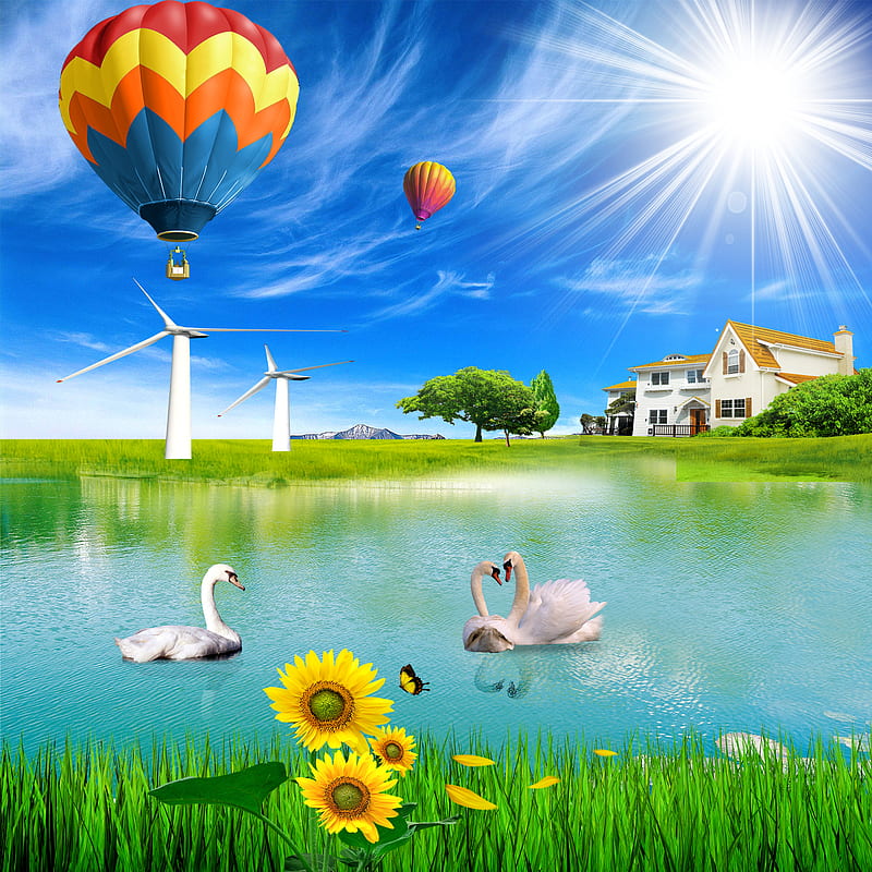 Lake House , balloon, bird, birds, cloud, clouds, flower, flowers, sun, HD phone wallpaper