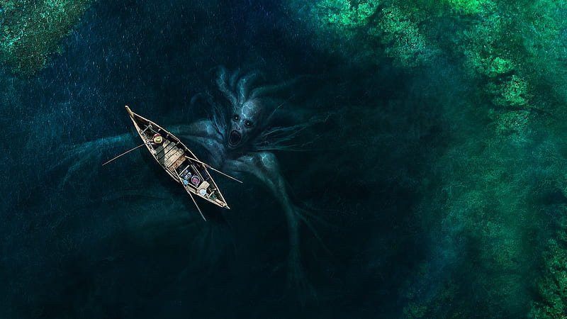 ocean monster, creature, boat, top view, Fantasy, HD wallpaper
