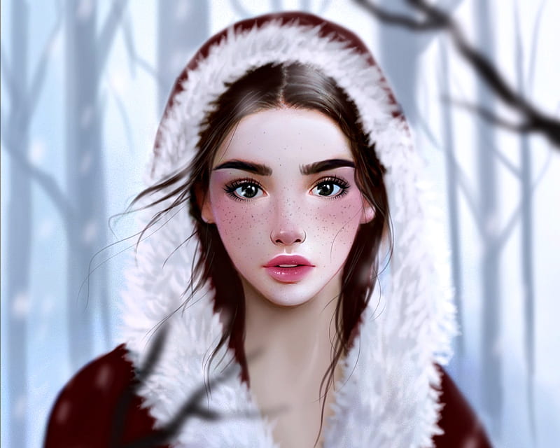 Red Riding Hood, red, forest, art, luminos, freckles, woman, fantasy, girl, face, portrait, white, fur, blue, HD wallpaper
