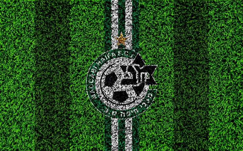 Maccabi Haifa FC emblem, football lawn, logo, Israeli football club, green white lines, grass texture, Haifa, Israel, football, Israeli Premier League, HD wallpaper
