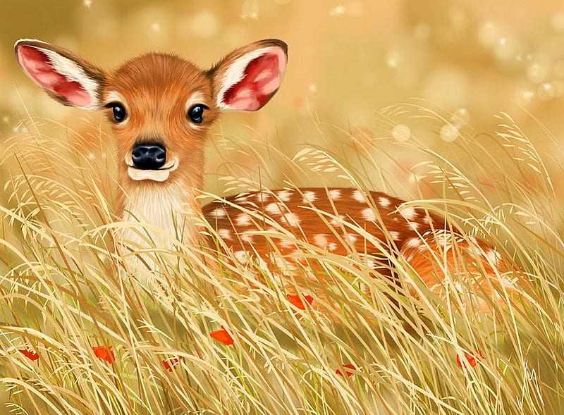 Little fawn, little, grass, wheat, bonito, adorable, deer, animal, sweet, painting, flowers, art, fawn, lovely, cute, roe, meadow, field, HD wallpaper