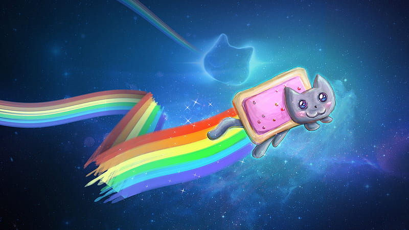 Nyan Cat, red, colorful, colourful, space, blush, yellow, rainbow, green, anime, poptart, aqua, blue, cat, cute, cool, purple, nyan, awesome, blushing, HD wallpaper