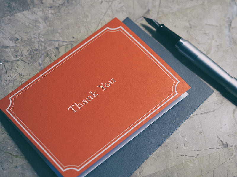 fountain pen next to red Thank You journal, HD wallpaper