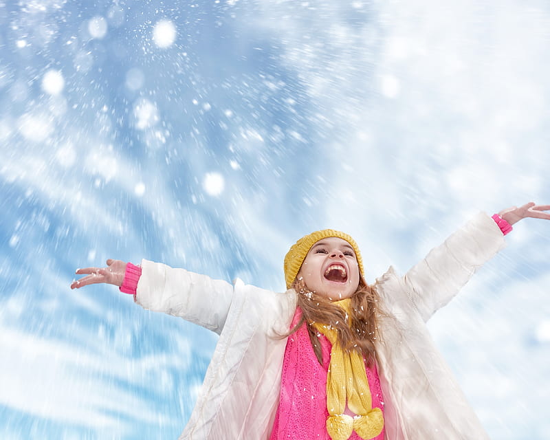 Winter joy, little, yellow, joy, winter, hat, girl, scarf, copil, child, white, pink, blue, HD wallpaper