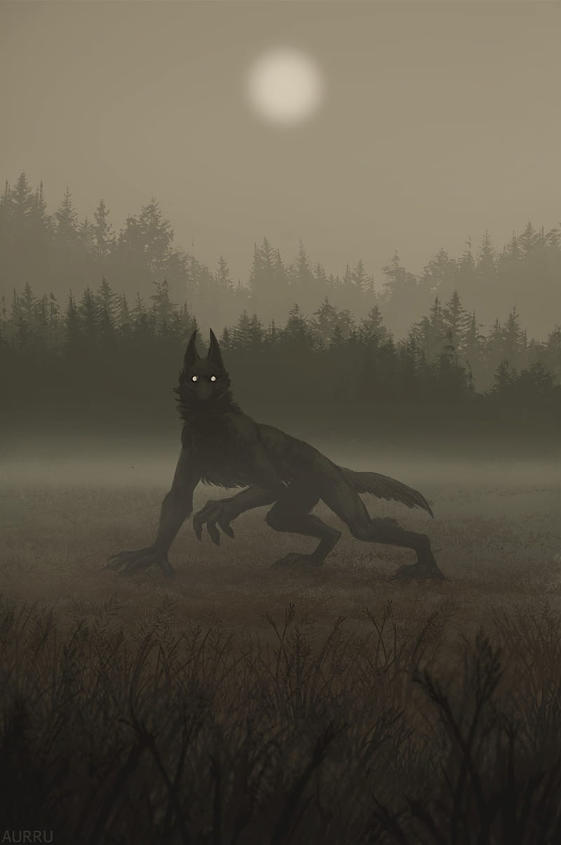 wolf, monster, night, fog, art, HD phone wallpaper