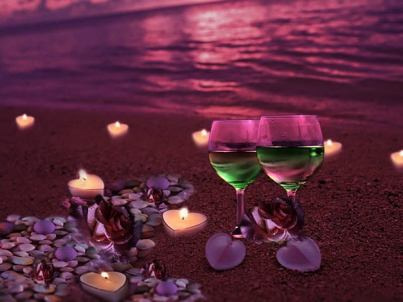 ♡Romance at sunset♡, Shingle, romance, wine, glasses, sunset, roses, mauve, sea, candles, sand, purple, heart, summer, evening, night, HD wallpaper