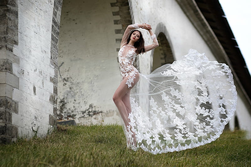 Disha Shemetova Modeling a Wedding Dress, brunette, dress, model, outdoors, HD wallpaper